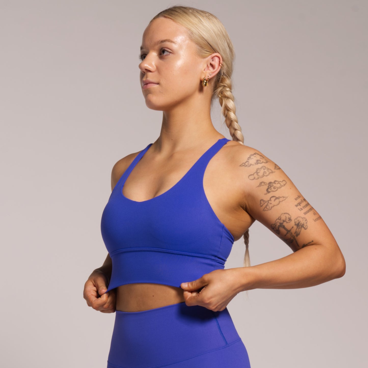 Side view of True Blue sports bra for women’s fitness